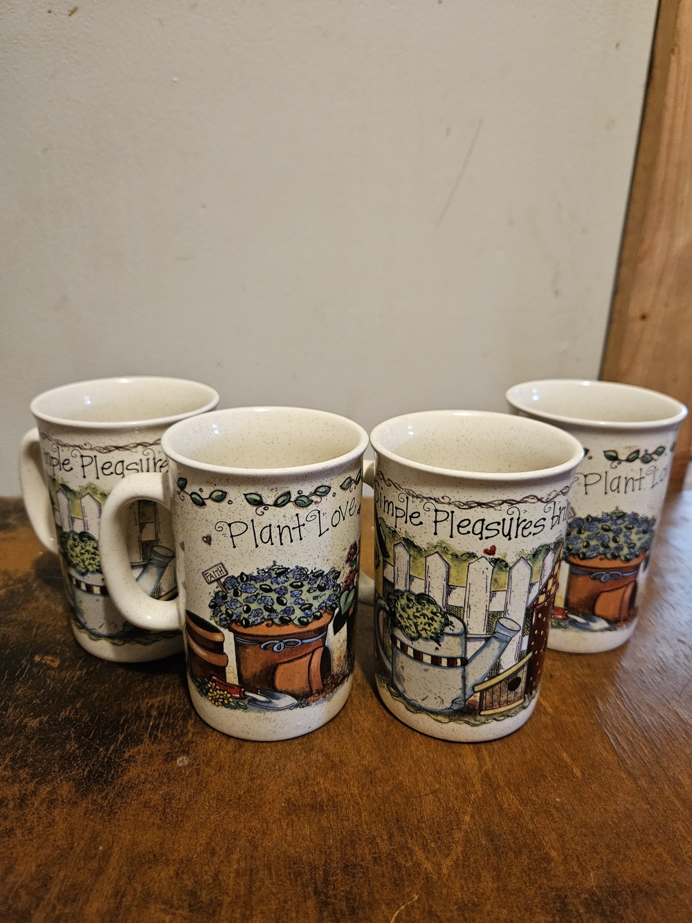 VTG Joy Marie Heimsoth Garden Pleasures Mug Set 4 Papel Giftware Cottage Garden